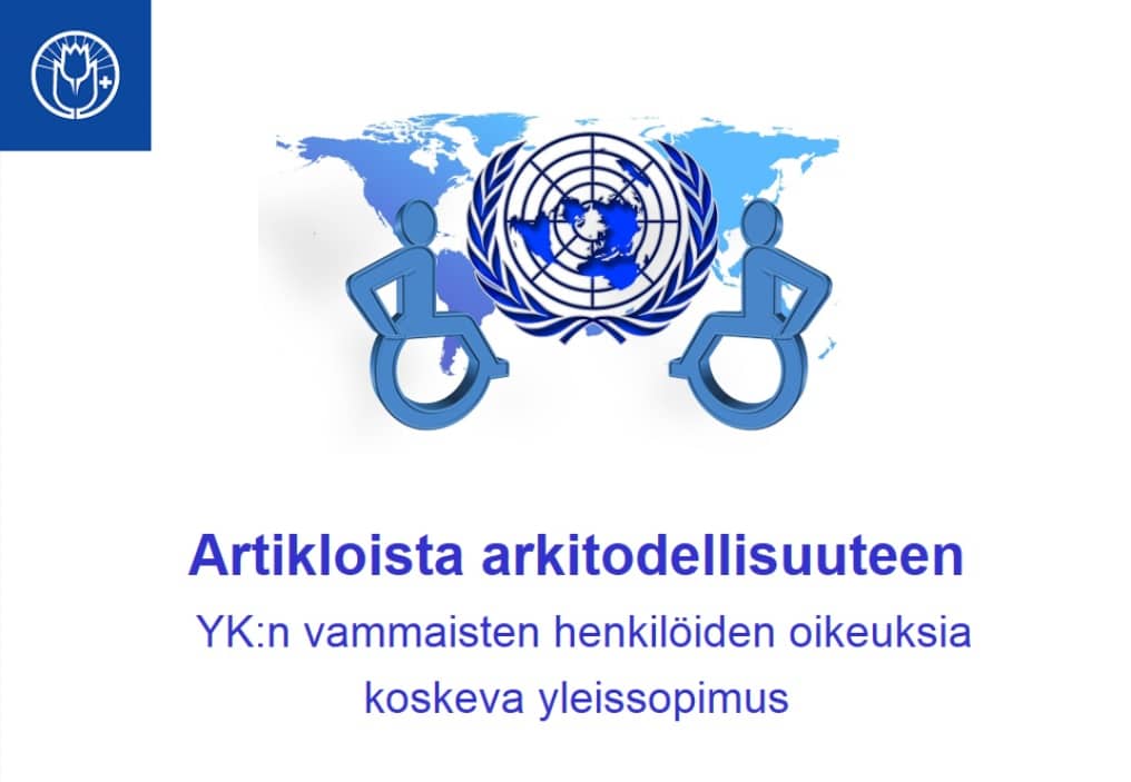 Kuvassa on YK:n tunnus ja kaksi pyörätuolin merkkiä.
