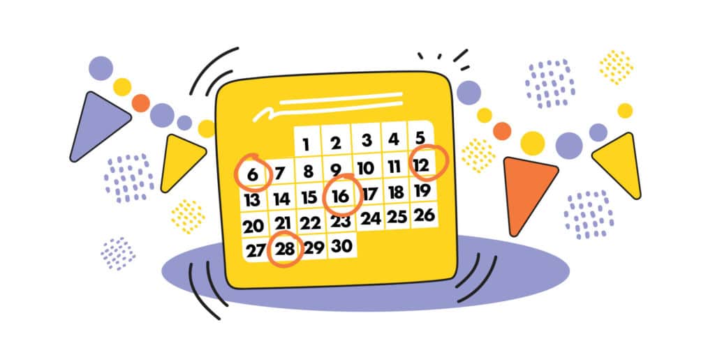 Kuvassa on keltainen kalenteri, jossa on ympyröity erilaisia päivämääriä.