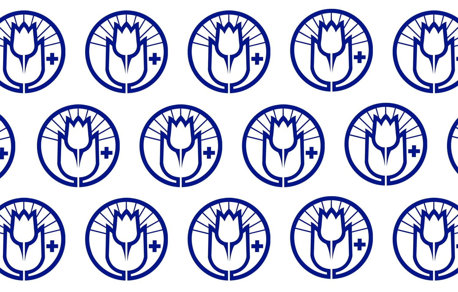 Monta sinistä Tukiliiton logoa valkoisella taustalla. Logossa on tulppaanin kuva ympyrän keskellä.
