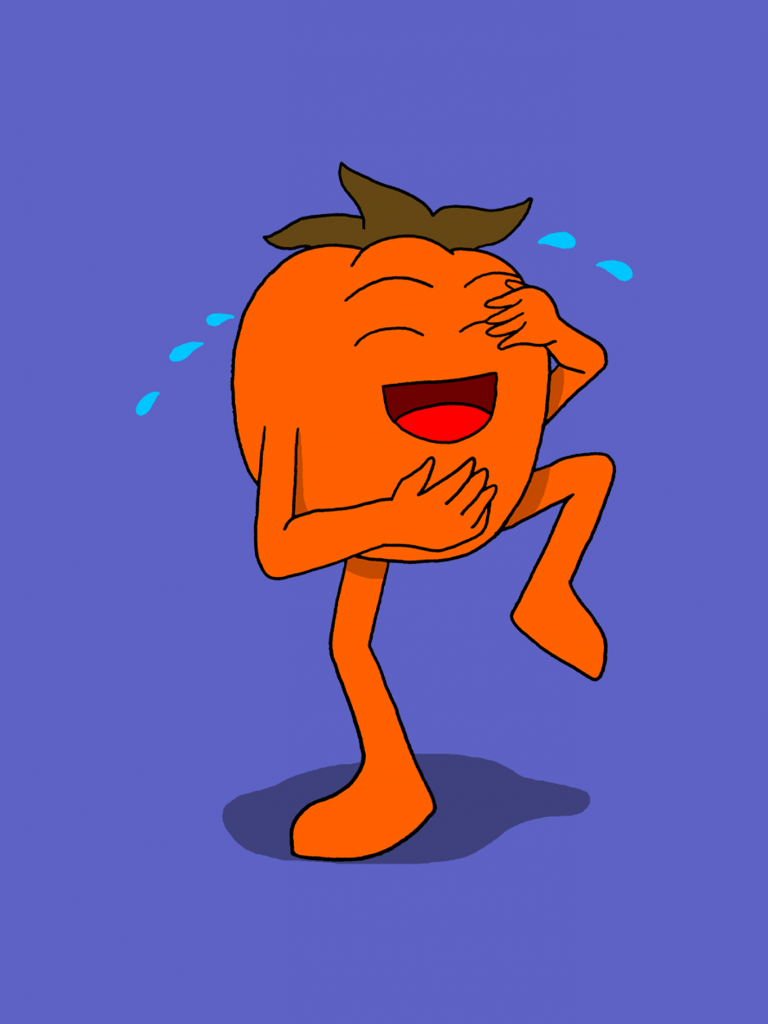 Rohkaisupakan tunnekortti, jossa persimon nauraa kyyneleet silmissä.
