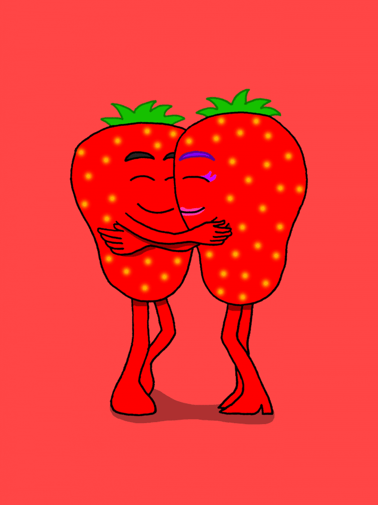 Rohkaisupakan tunnekortti, jossa kaksi mansikkaa halaavat toisiaan hymyillen.