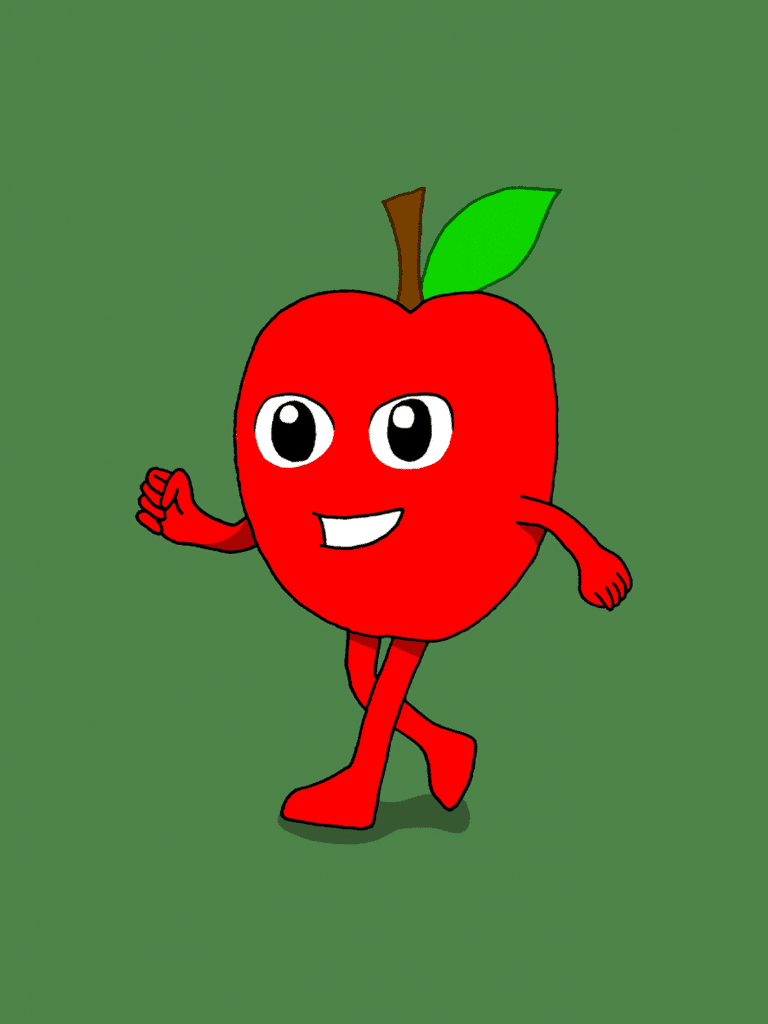 Rohkaisupakan tunnekortti, jossa punainen omena kävelee eteenpäin iloisesti ja päättäväisesti.