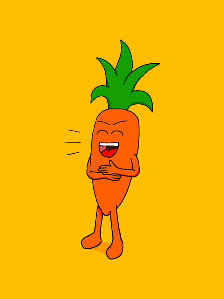 Rohkaisupakan tunnekortti, jossa porkkana nauraa vatsaansa pidellen.