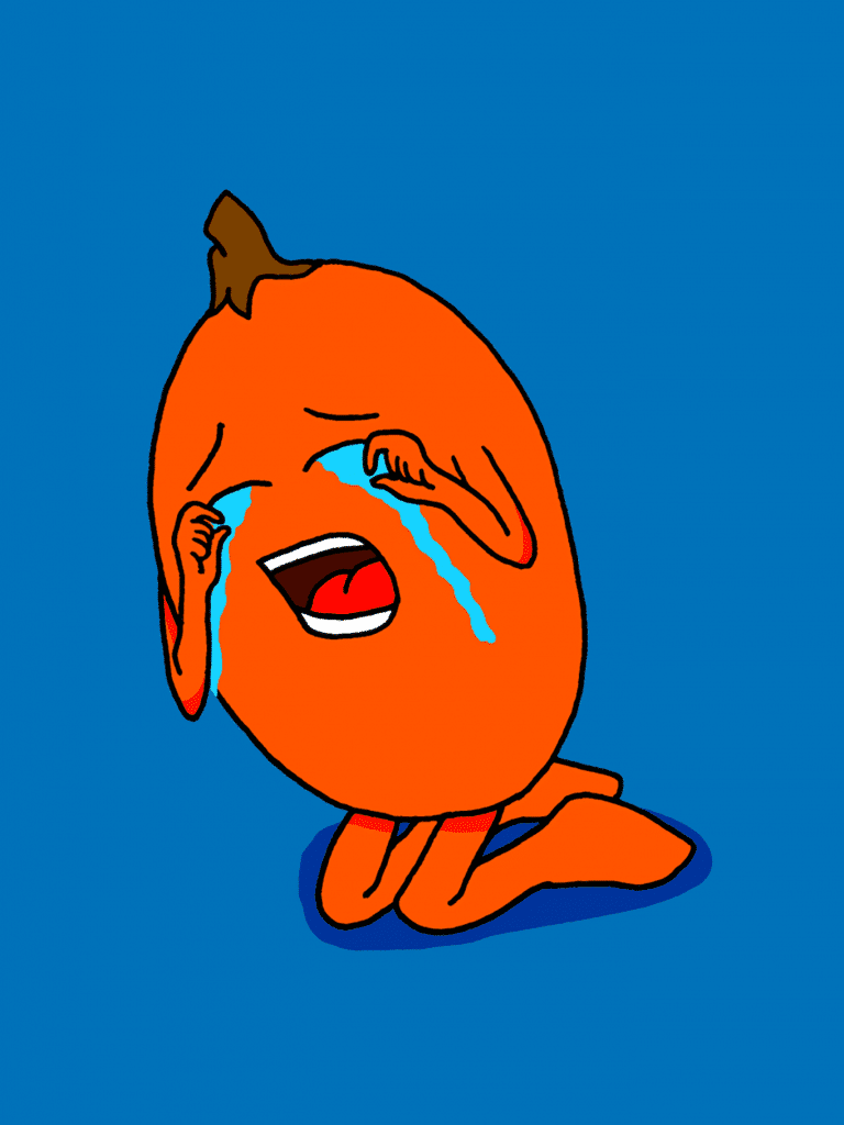 Rohkaisupakan tunnekortti, jossa oranssi kurpitsa istuu polvillaan ja itkee surkeasti.