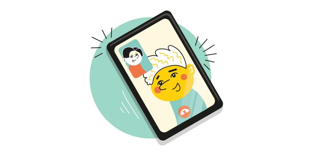 Piirroskuvassa älypuhelin jossa kaksi hahmoa juttelee videopuhelua.