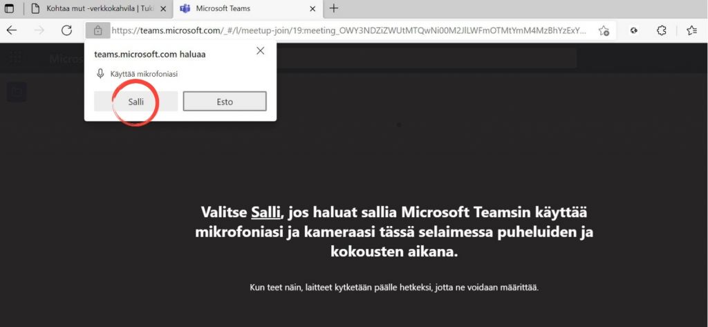 Kuvakaappaus, joka näyttää Teams-näkymän, jossa ohjelmalle annetaan lupa käyttää mikrofonia ja kameraa