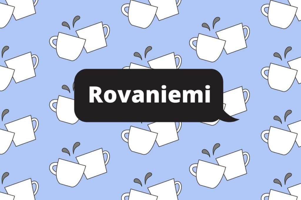 Rovaniemen Kohtaa mut -kahvilan tunnus, jossa kilistelevät kahvikupit ja tekstinä Rovaniemi