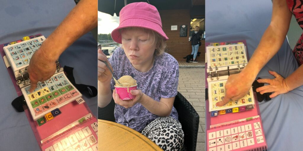 Kuvan keskellä tyttö syö jäätelöä. Tämän kuvan kummallakin puolella on kuvat, joissa näkyy kommunikaatio-ohjauksen kortteja kuvien avulla.