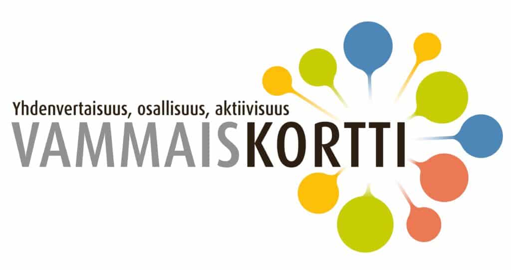 Kuvassa on Vammaiskorttitoimiston logo. Siinä lukee: "Yhdenvertaisuus, osallisuus, aktiivisuus - vammaiskortti".