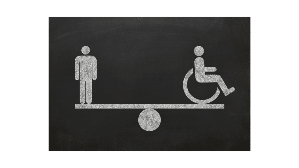 Kiikkulaudan toisessa päässä seisoo ihmishahmo ja toisessa päässä on pyörätuolissa istuva ihmishahmo. Kuvituskuva.