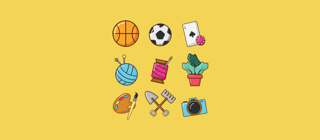 Kuvassa on erilaisia harrastamiseen liittyviä kuvia, kuten jalkapallo, koripallo, lankakerä, mallaustarvikkeet, kasvi, kamera ja pelikortit.
