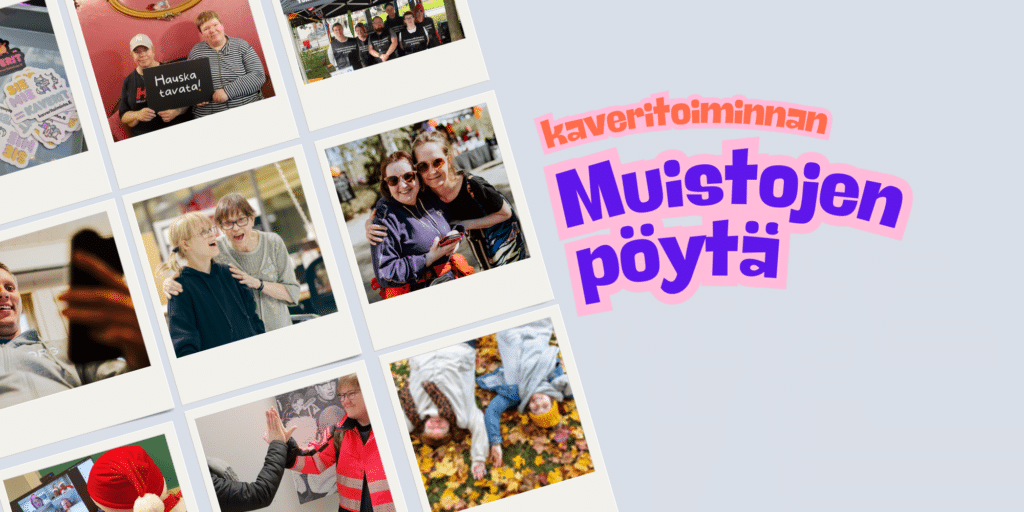 Kaveritoiminnan Muistojen pöytä. Valokuvissa vapaaehtoisia kavereita.